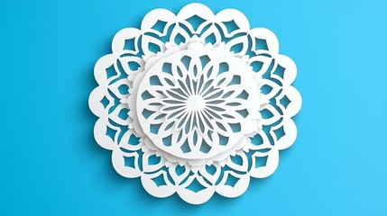 White Paper Cut Mandala on Blue Background
