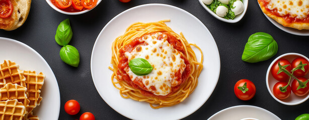 Delicious spaghetti topped with cheese and basil, surrounded by fresh tomatoes, mozzarella, and waffles, creating vibrant Italian meal