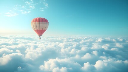 Fototapeta premium Vibrant hot air balloons float in clear blue sky with multicolored designs, drifting above fluffy clouds in serene, dreamy travel scene capturing freedom and inspirational wanderlust.