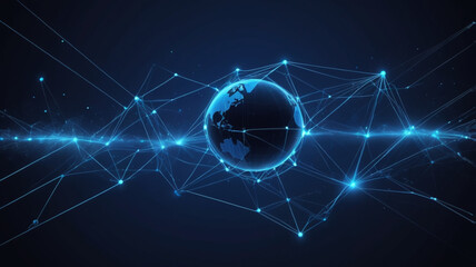 A futuristic virtual internet grid wrapping around the Earth, illuminated with bright connections against a deep blue, representing worldwide data flow.