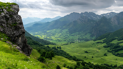 Fototapeta premium Green Valley With Lush Vegetation And Dramatic Cloudscape