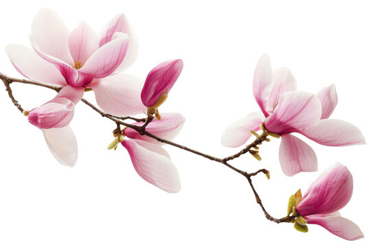 Pink magnolia flowers branch in a corner border, spring flowers isolated background