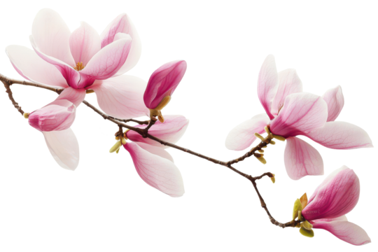 Pink magnolia flowers branch in a corner border, spring flowers isolated background