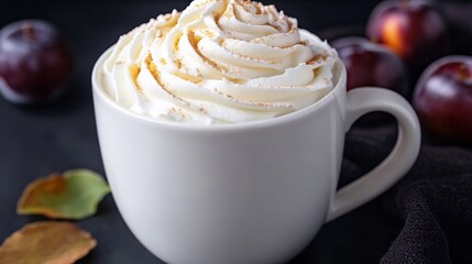 Warm creamy latte art swirls atop rich coffee Plump plums add autumnal charm. AI Generated