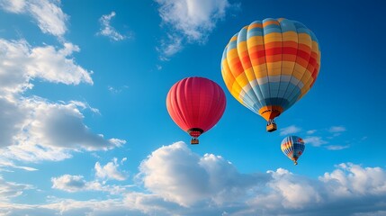 Fototapeta premium Vibrant hot air balloons float in clear blue sky with multicolored designs, drifting above fluffy clouds in serene, dreamy travel scene capturing freedom and inspirational wanderlust.