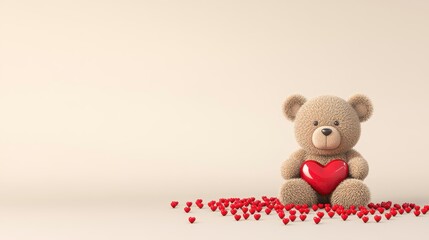 Fototapeta premium Brown Teddy Bear With Red Heart On Beige Background