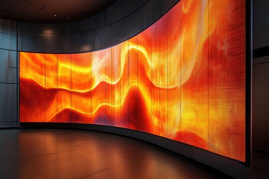Curved LED screen displaying abstract fiery orange and yellow waves.
