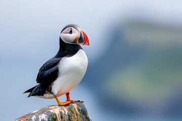 Fototapeta premium Colorful puffin perched on a rocky ledge against a blurred coastal backdrop in summer