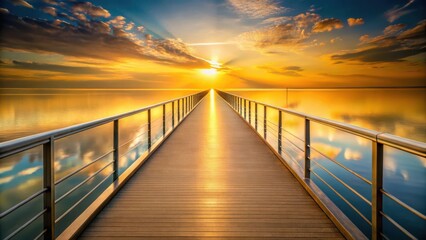 Fototapeta premium Golden Hour Path Across Tranquil Water A Serene Sunset View from a Long Pier