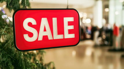 A vibrant "SALE" sign hangs in a store, signaling discounts and attracting shoppers in a festive, busy retail environment.