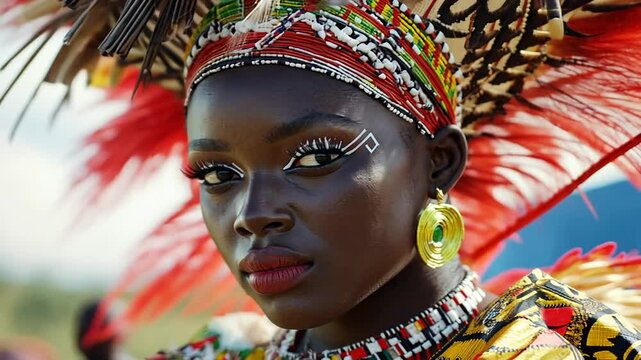African woman in vibrant parade costume, closeup, festive atmosphere