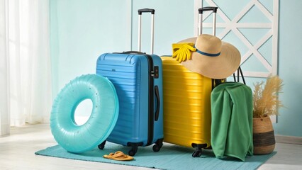 Bright and Cheerful Vacation Scene with Luggage, Hat, and Beach Accessories, Generative AI