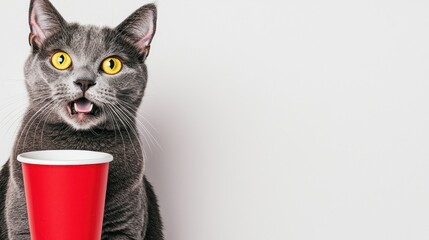 A surprised gray cat sits with a red cup, displaying its bright yellow eyes against a plain background.