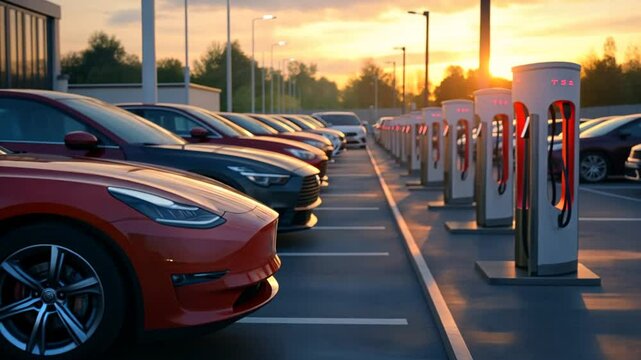 Electric Vehicle Charging Station with Multiple Cars Parked at Sunset, Clean Energy Future