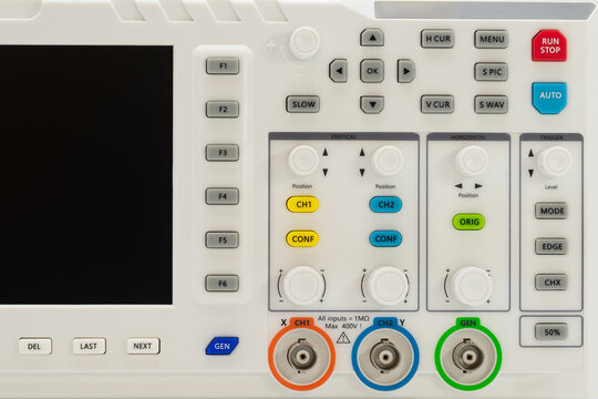 Closeup Modern digital storage oscilloscope showcasing input channels and control features - Powered by Adobe
