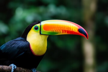 Obraz premium Colorful toucan resting on a branch, showcasing its vibrant beak in a lush tropical setting during daylight