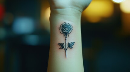 Obraz premium Delicate black and white rose ink adorns a wrist, exquisitely positioned at its center, petals curling to the left with elegant grace