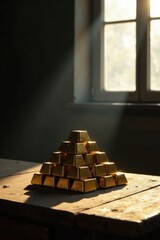 Illuminated Gold Bars Arranged in a Pyramid Shape on Rustic Wooden Surface