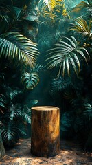 Tropical Jungle Display with Wooden Pedestal and Lush Greenery Backdrop