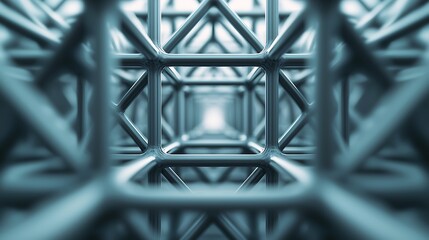 An abstract image showcasing a geometric structure with interconnected metal frames, creating a sense of depth and perspective.