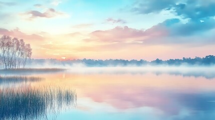 Obraz premium Misty sunrise lake reflection