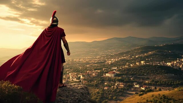 A Roman Soldier Overlooks a Village at Sunset: A Scene of Conquest and Power