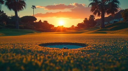 A golfer preparing to putt on a vibrant green golf course, with the sun shining in the background.