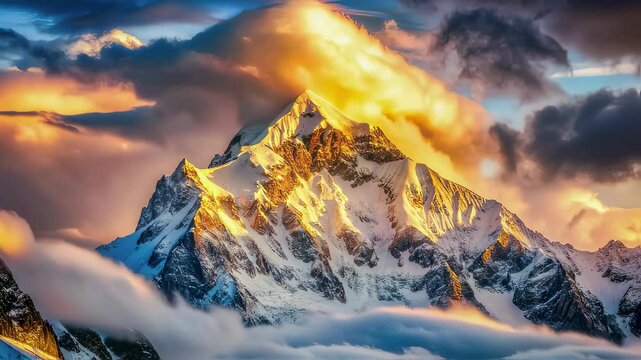 Harmony, infinity, mountains, clouds and the bright sun setting over the horizon