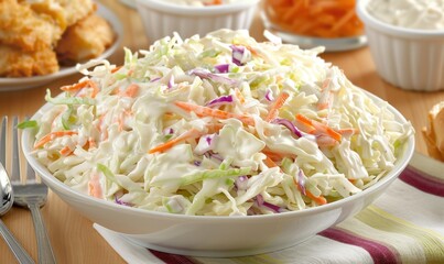 Creamy coleslaw salad in bowl with sides on table