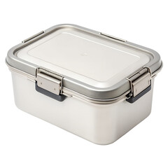 Stainless steel container with metal clasps and lid, durable construction for food storage, isolated on Transparent background