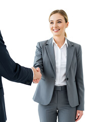 A businesswoman shaking hands, professional and friendly, isolated
