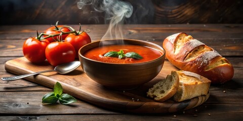 Aromatic Steaming Tomato Soup with Fresh Basil, Served with Crusty Bread on Rustic Wooden Board