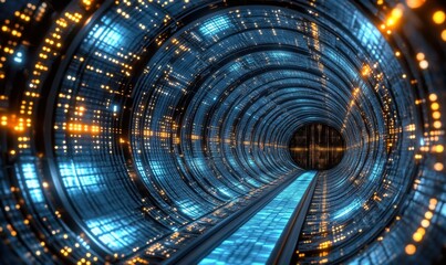 Futuristic tunnel with glowing lights and data stream