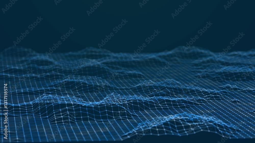 Fototapete Data technology illustration. Abstract wave with connecting dots and lines. Digital background. 3d rendering. Seamless loop. 4k	