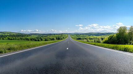 Fototapeta premium Paved Asphalt Road Leading Towards The Horizon Through Green Fields Under A Summer Sky