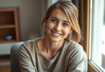 Photorealistic natural light portrait of a 30-year-old female