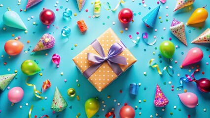 Fototapeta premium A Festive Celebration Gift Surrounded by Balloons, Confetti, and Party Hats on a Vibrant Blue Background