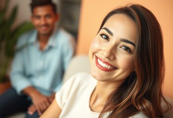 Photorealistic portrait of a female person on warm pastel background