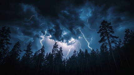 Majestic Night Thunderstorm Over a Dark Forest: Nature's Electrifying Spectacle