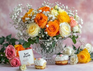 Elegant Bouquet of Orange, Yellow & White Roses with Baby&rsquo;s Breath in Crystal Vase &ndash; Cozy Table Setting with Tea, Cakes & "Just Friends" Books