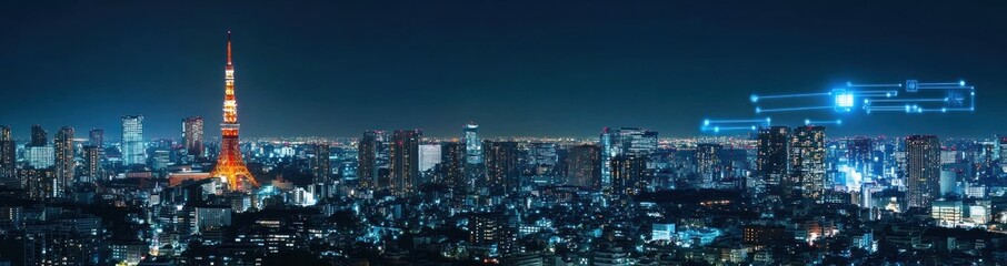 Naklejka premium Night cityscape with tower and digital network.