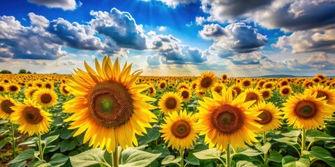 Fototapeta premium Vibrant Sunflowers Basking in a Summer Sky's Radiant Light and Dramatic Clouds