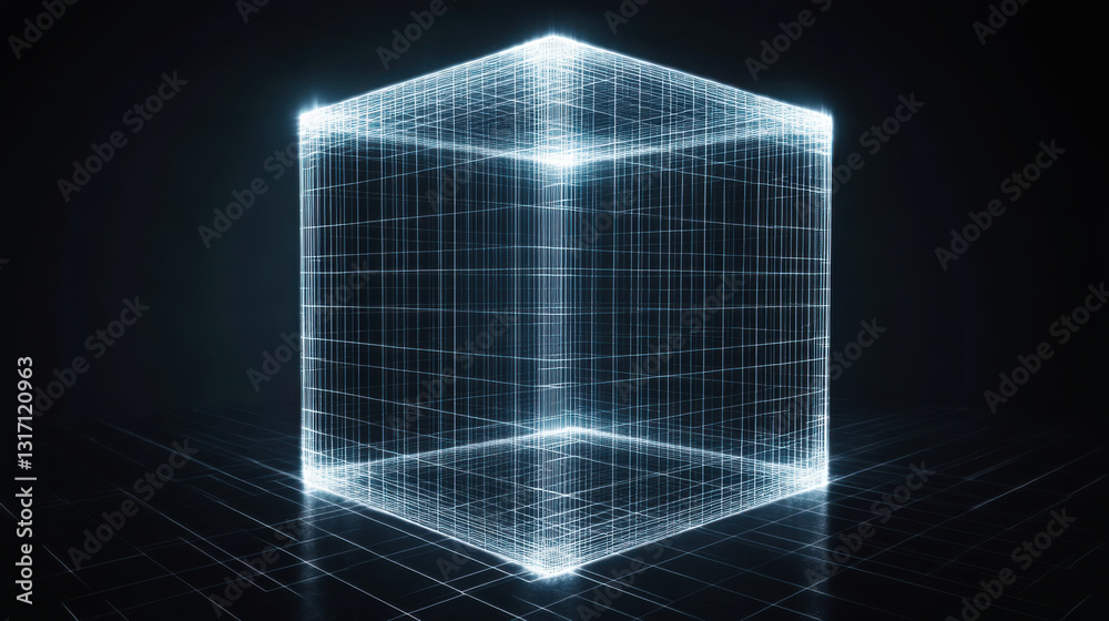 Aufkleber 3D wireframe cube illuminated in a dark environment with glowing edges and grid patterns