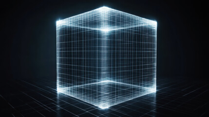 3D wireframe cube illuminated in a dark environment with glowing edges and grid patterns