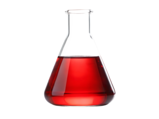 Clear Glass Erlenmeyer Flask with Red Liquid for Chemistry Experiments, isolated on Transparent background