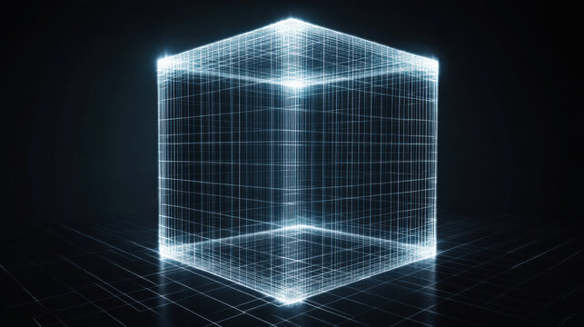 3D wireframe cube illuminated in a dark environment with glowing edges and grid patterns