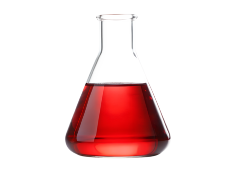 Clear Glass Erlenmeyer Flask with Red Liquid for Chemistry Experiments, isolated on Transparent background