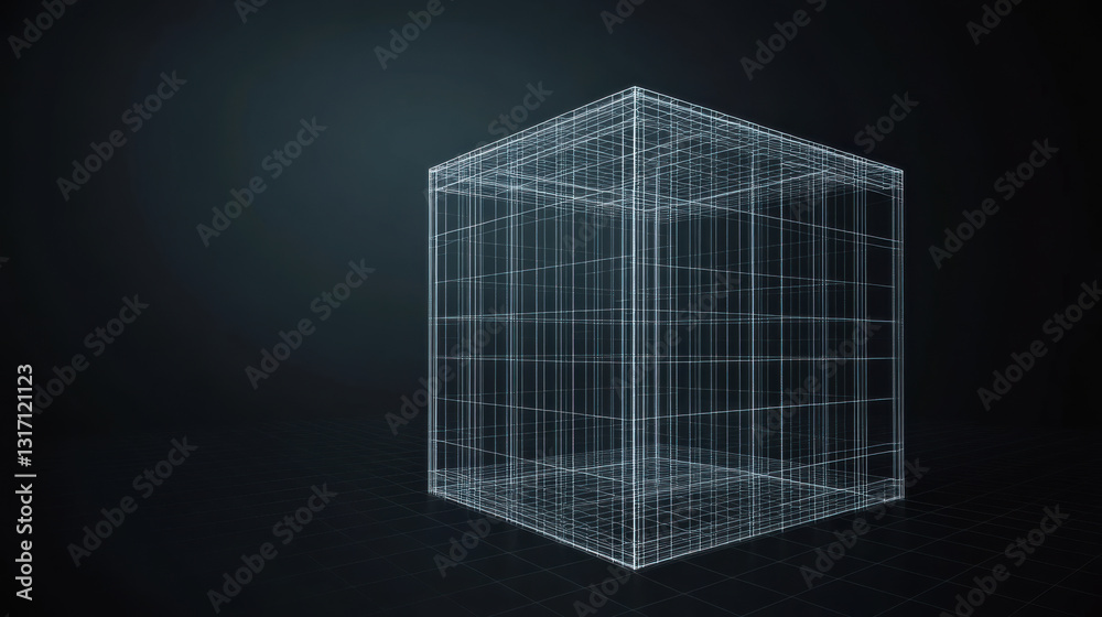 Aufkleber 3D wireframe cube illuminated in a dark environment with glowing edges and grid patterns