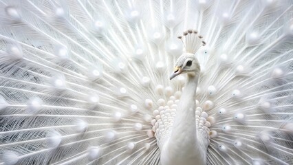 Fototapeta premium A Majestic White Peacock Displays Its Exquisite Plumage, a Breathtaking Spectacle of Nature's Elegance and Beauty
