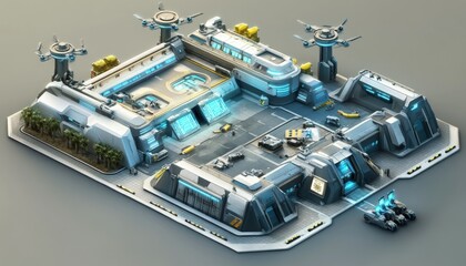Fototapeta premium Isometric view of a futuristic base with multiple buildings structures and aerials lit by blue lights on a grey surface